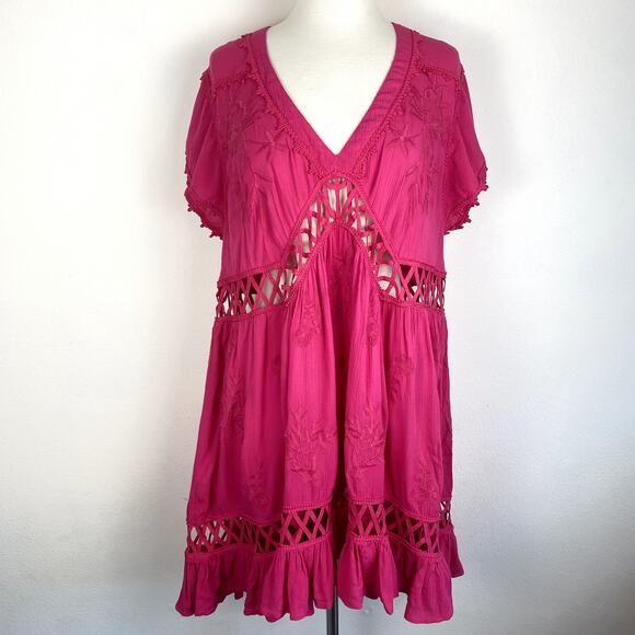 Free People Hot Pink Lattice Cutout Floral Embroidered Tunic Marissa FP Dress - Picture 2 of 7